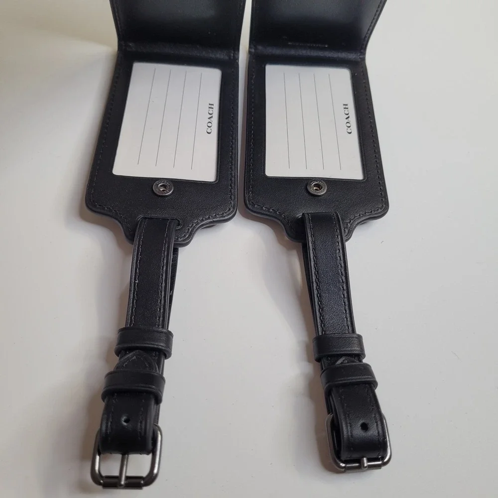Coach Signature Canvas Luggage Tags Set of 2 Charcoal Black Leather Travel ID